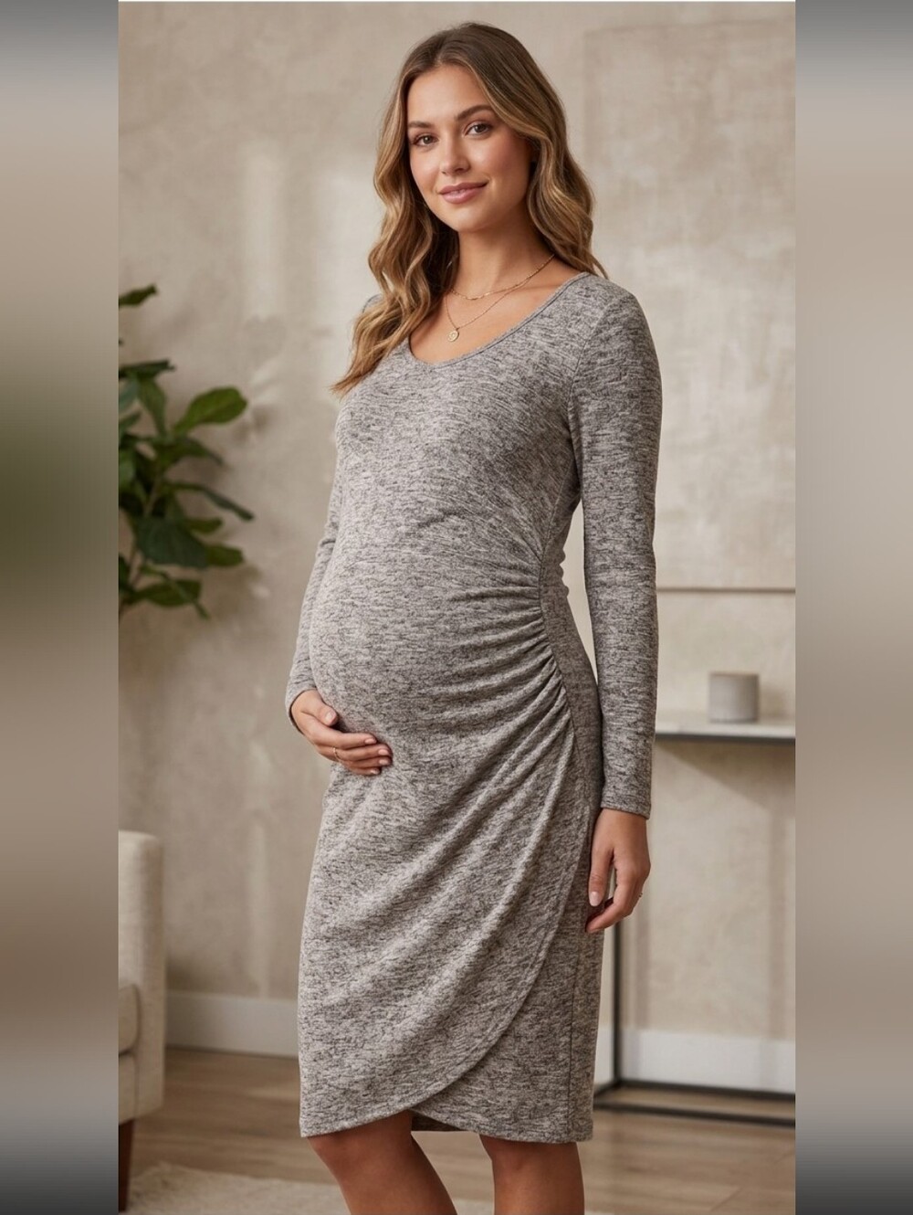 Jessica Simpson Heathered Taupe Long Sleeve Ruched Side Knit Dress